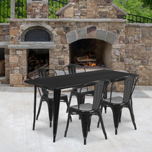 Commercial Grade 31.5" x 63" Rectangular Black Metal Indoor-Outdoor Table Set with 4 Stack Chairs [FLF-ET-CT005-4-30-BK-GG]