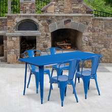 Commercial Grade 31.5" x 63" Rectangular Blue Metal Indoor-Outdoor Table Set with 4 Stack Chairs [FLF-ET-CT005-4-30-BL-GG]