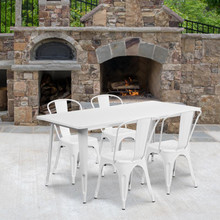 Commercial Grade 31.5" x 63" Rectangular White Metal Indoor-Outdoor Table Set with 4 Stack Chairs [FLF-ET-CT005-4-30-WH-GG]
