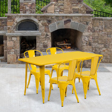 Commercial Grade 31.5" x 63" Rectangular Yellow Metal Indoor-Outdoor Table Set with 4 Stack Chairs [FLF-ET-CT005-4-30-YL-GG]
