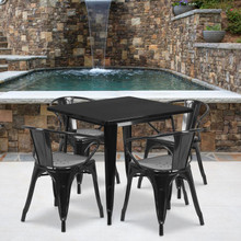 Commercial Grade 31.5" Square Black Metal Indoor-Outdoor Table Set with 4 Arm Chairs [FLF-ET-CT002-4-70-BK-GG]