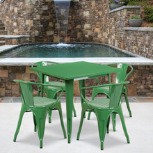Commercial Grade 31.5" Square Green Metal Indoor-Outdoor Table Set with 4 Arm Chairs [FLF-ET-CT002-4-70-GN-GG]