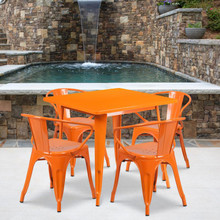 Commercial Grade 31.5" Square Orange Metal Indoor-Outdoor Table Set with 4 Arm Chairs [FLF-ET-CT002-4-70-OR-GG]