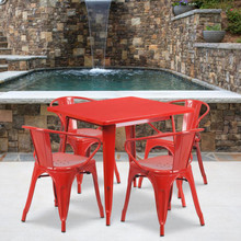 Commercial Grade 31.5" Square Red Metal Indoor-Outdoor Table Set with 4 Arm Chairs [FLF-ET-CT002-4-70-RED-GG]