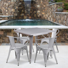 Commercial Grade 31.5" Square Silver Metal Indoor-Outdoor Table Set with 4 Arm Chairs [FLF-ET-CT002-4-70-SIL-GG]
