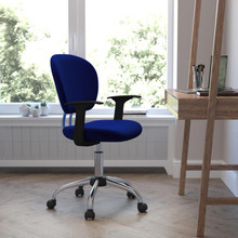 Mid-Back Blue Mesh Padded Swivel Task Office Chair with Chrome Base and Arms [FLF-H-2376-F-BLUE-ARMS-GG]