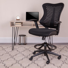 High Back Designer Black Mesh Drafting Chair with LeatherSoft Sides and Adjustable Arms [FLF-BL-LB-8816D-GG]