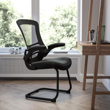 Black Mesh Sled Base Side Reception Chair with White Stitched LeatherSoft Seat and Flip-Up Arms [FLF-BL-X-5C-BK-LEA-GG]