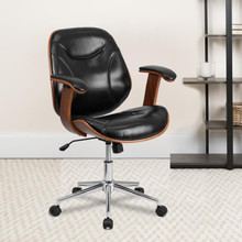 Mid-Back Black LeatherSoft Executive Ergonomic Wood Swivel Office Chair with Arms [FLF-SD-SDM-2235-5-BK-GG]