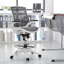 Mid-Back Transparent Gray Mesh Drafting Chair with White Frame and Flip-Up Arms [FLF-BL-LB-8801X-D-GR-WH-GG]