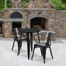 Commercial Grade 24" Round Black Metal Indoor-Outdoor Table Set with 2 Arm Chairs [FLF-CH-51080TH-2-18ARM-BK-GG]