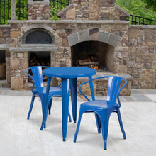 Commercial Grade 24" Round Blue Metal Indoor-Outdoor Table Set with 2 Arm Chairs [FLF-CH-51080TH-2-18ARM-BL-GG]