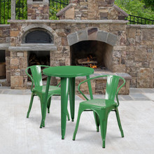 Commercial Grade 24" Round Green Metal Indoor-Outdoor Table Set with 2 Arm Chairs [FLF-CH-51080TH-2-18ARM-GN-GG]