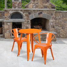 Commercial Grade 24" Round Orange Metal Indoor-Outdoor Table Set with 2 Arm Chairs [FLF-CH-51080TH-2-18ARM-OR-GG]