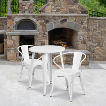 Commercial Grade 24" Round White Metal Indoor-Outdoor Table Set with 2 Arm Chairs [FLF-CH-51080TH-2-18ARM-WH-GG]