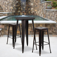 Commercial Grade 24" Round Black-Antique Gold Metal Indoor-Outdoor Bar Table Set with 2 Square Seat Backless Stools [FLF-CH-51080BH-2-30SQST-BQ-GG]