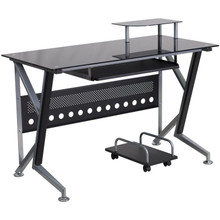 Black Glass Computer Desk with Pull-Out Keyboard Tray and CPU Cart [FLF-NAN-WK-059-GG]