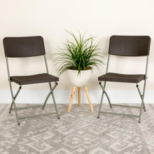 2 Pack HERCULES Series Brown Rattan Plastic Folding Chair with Gray Frame [FLF-2-DAD-YCZ-61-GG]