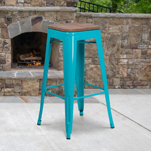 30" High Backless Crystal Teal-Blue Barstool with Square Wood Seat [FLF-ET-BT3503-30-CB-WD-GG]