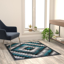 Teagan Collection Southwestern 4' x 5' Turquoise Area Rug - Olefin Rug with Jute Backing - Entryway, Living Room, Bedroom [FLF-OKR-RG1106-45-TQ-GG]