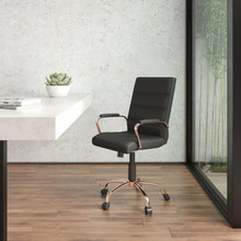 Mid-Back Black LeatherSoft Executive Swivel Office Chair with Rose Gold Frame and Arms [FLF-GO-2286M-BK-RSGLD-GG]