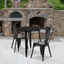 Commercial Grade 30" Round Black Metal Indoor-Outdoor Table Set with 2 Cafe Chairs [FLF-CH-51090TH-2-18CAFE-BK-GG]