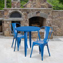 Commercial Grade 30" Round Blue Metal Indoor-Outdoor Table Set with 2 Cafe Chairs [FLF-CH-51090TH-2-18CAFE-BL-GG]