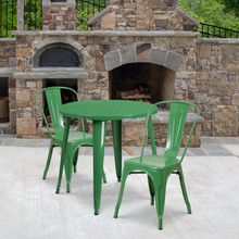 Commercial Grade 30" Round Green Metal Indoor-Outdoor Table Set with 2 Cafe Chairs [FLF-CH-51090TH-2-18CAFE-GN-GG]