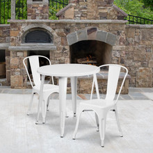 Commercial Grade 30" Round White Metal Indoor-Outdoor Table Set with 2 Cafe Chairs [FLF-CH-51090TH-2-18CAFE-WH-GG]