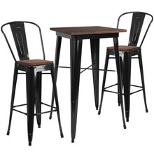 23.5" Square Black Metal Bar Table Set with Wood Top and 2 Stools [FLF-CH-WD-TBCH-16-GG]