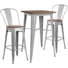 23.5" Square Silver Metal Bar Table Set with Wood Top and 2 Stools [FLF-CH-WD-TBCH-2-GG]