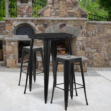 Commercial Grade 30" Round Black Metal Indoor-Outdoor Bar Table Set with 2 Square Seat Backless Stools [FLF-CH-51090BH-2-30SQST-BK-GG]
