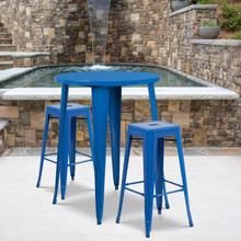 Commercial Grade 30" Round Blue Metal Indoor-Outdoor Bar Table Set with 2 Square Seat Backless Stools [FLF-CH-51090BH-2-30SQST-BL-GG]