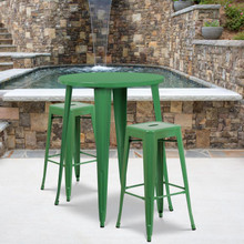 Commercial Grade 30" Round Green Metal Indoor-Outdoor Bar Table Set with 2 Square Seat Backless Stools [FLF-CH-51090BH-2-30SQST-GN-GG]
