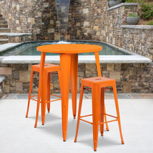Commercial Grade 30" Round Orange Metal Indoor-Outdoor Bar Table Set with 2 Square Seat Backless Stools [FLF-CH-51090BH-2-30SQST-OR-GG]