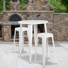 Commercial Grade 30" Round White Metal Indoor-Outdoor Bar Table Set with 2 Square Seat Backless Stools [FLF-CH-51090BH-2-30SQST-WH-GG]