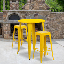 Commercial Grade 30" Round Yellow Metal Indoor-Outdoor Bar Table Set with 2 Square Seat Backless Stools [FLF-CH-51090BH-2-30SQST-YL-GG]