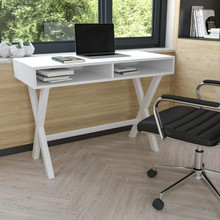 Home Office Writing Computer Desk with Open Storage Compartments - Bedroom Desk for Writing and Work, White [FLF-GC-MBLK61-WH-GG]