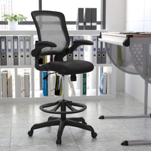 Mid-Back Black Mesh Ergonomic Drafting Chair with Adjustable Foot Ring and Flip-Up Arms [FLF-BL-ZP-8805D-BK-GG]
