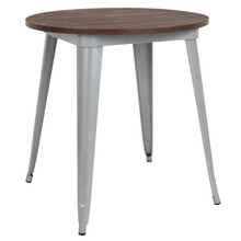 30" Round Silver Metal Indoor Table with Walnut Rustic Wood Top [FLF-CH-51090-29M1-SIL-GG]