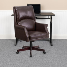 High Back Pillow Back Brown LeatherSoft Executive Swivel Office Chair with Arms [FLF-BT-9025H-2-BN-GG]