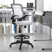 Mid-Back White Mesh Ergonomic Drafting Chair with Adjustable Foot Ring and Flip-Up Arms [FLF-BL-ZP-8805D-WH-GG]