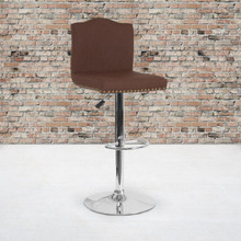 Bellagio Contemporary Adjustable Height Barstool with Accent Nail Trim in Brown Fabric [FLF-DS-8111-BRN-F-GG]