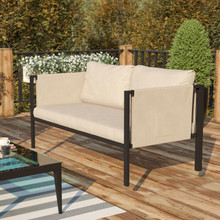 Lea Indoor/Outdoor Loveseat with Cushions - Modern Steel Framed Chair with Storage Pockets, Black with Beige Cushions [FLF-GM-201108-2S-GY-GG]