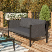Lea Indoor/Outdoor Loveseat with Cushions - Modern Steel Framed Chair with Storage Pockets, Black with Charcoal Cushions [FLF-GM-201108-2S-CH-GG]