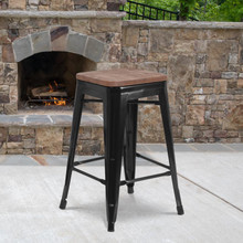 24" High Backless Black Metal Counter Height Stool with Square Wood Seat [FLF-CH-31320-24-BK-WD-GG]