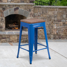 24" High Backless Blue Metal Counter Height Stool with Square Wood Seat [FLF-CH-31320-24-BL-WD-GG]