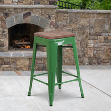 24" High Backless Green Metal Counter Height Stool with Square Wood Seat [FLF-CH-31320-24-GN-WD-GG]