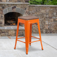 24" High Backless Orange Metal Counter Height Stool with Square Wood Seat [FLF-CH-31320-24-OR-WD-GG]