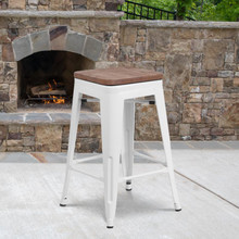24" High Backless White Metal Counter Height Stool with Square Wood Seat [FLF-CH-31320-24-WH-WD-GG]